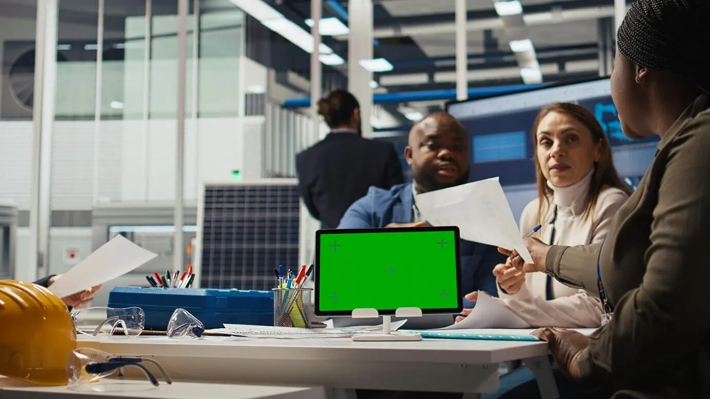 Заводской инженер контролирует перерабатывающее производство с помощью планшета с зелёным экраном.